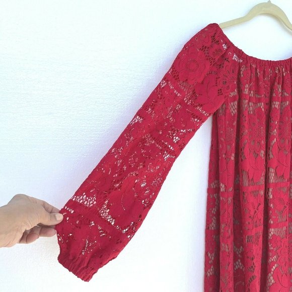 For Love & Lemons Red Daphne Lace Off-Shoulder Long Sleeve Dress Women Sz S $320 - Picture 3 of 12